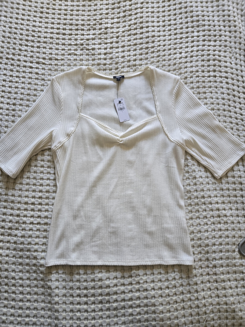 Express Cream Ribbed Sweetheart Neck Short Sleeve Top